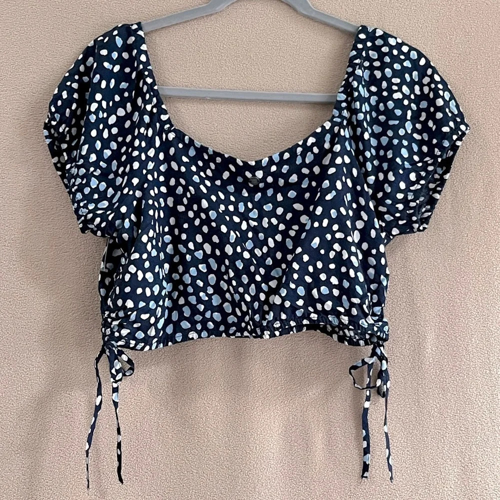 NEW Roxy Indigo Wild Dots Short Sleeve Crop Top Womens L Y2K Navy Blue Tie/Bow